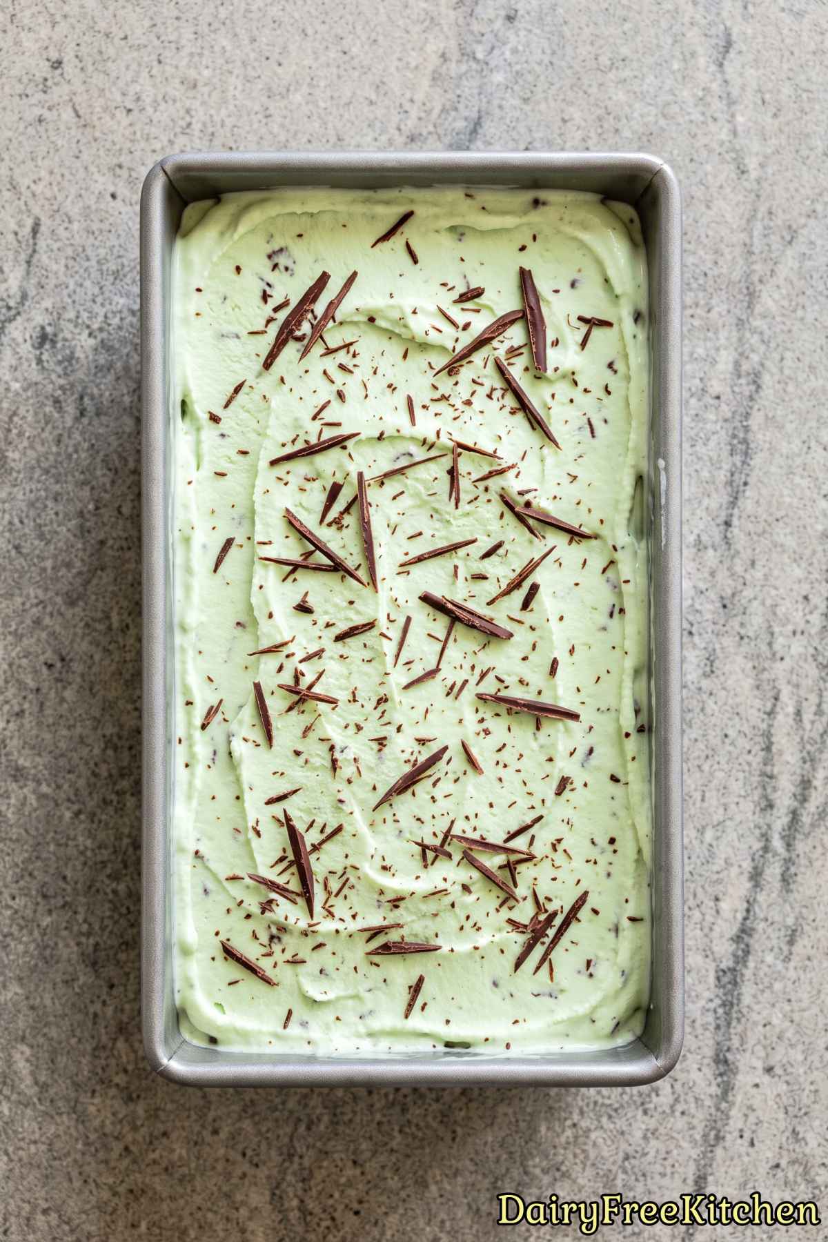 Rich plant based mint chip ice cream in a bowl