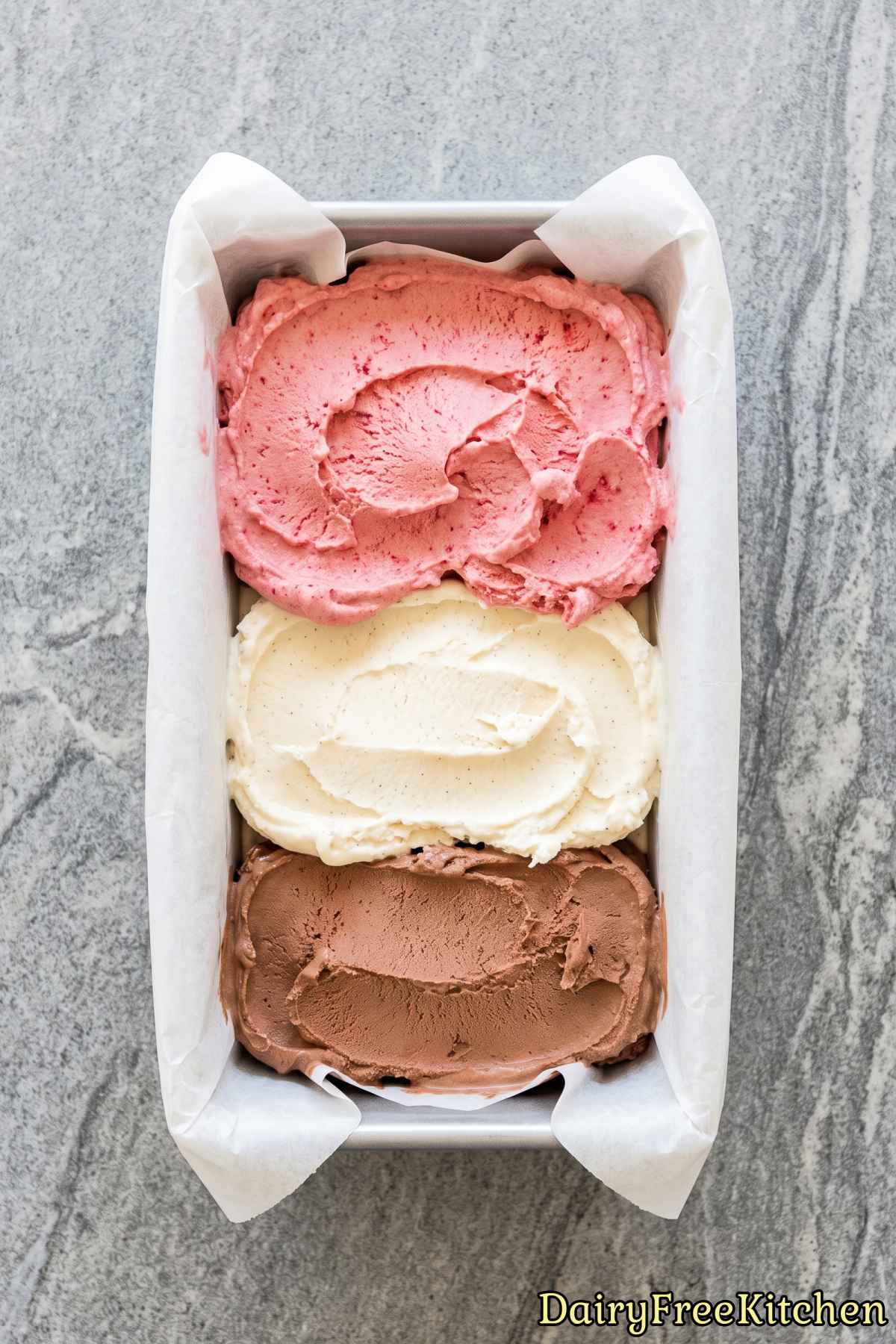 Soft dairy free neapolitan ice cream scoops