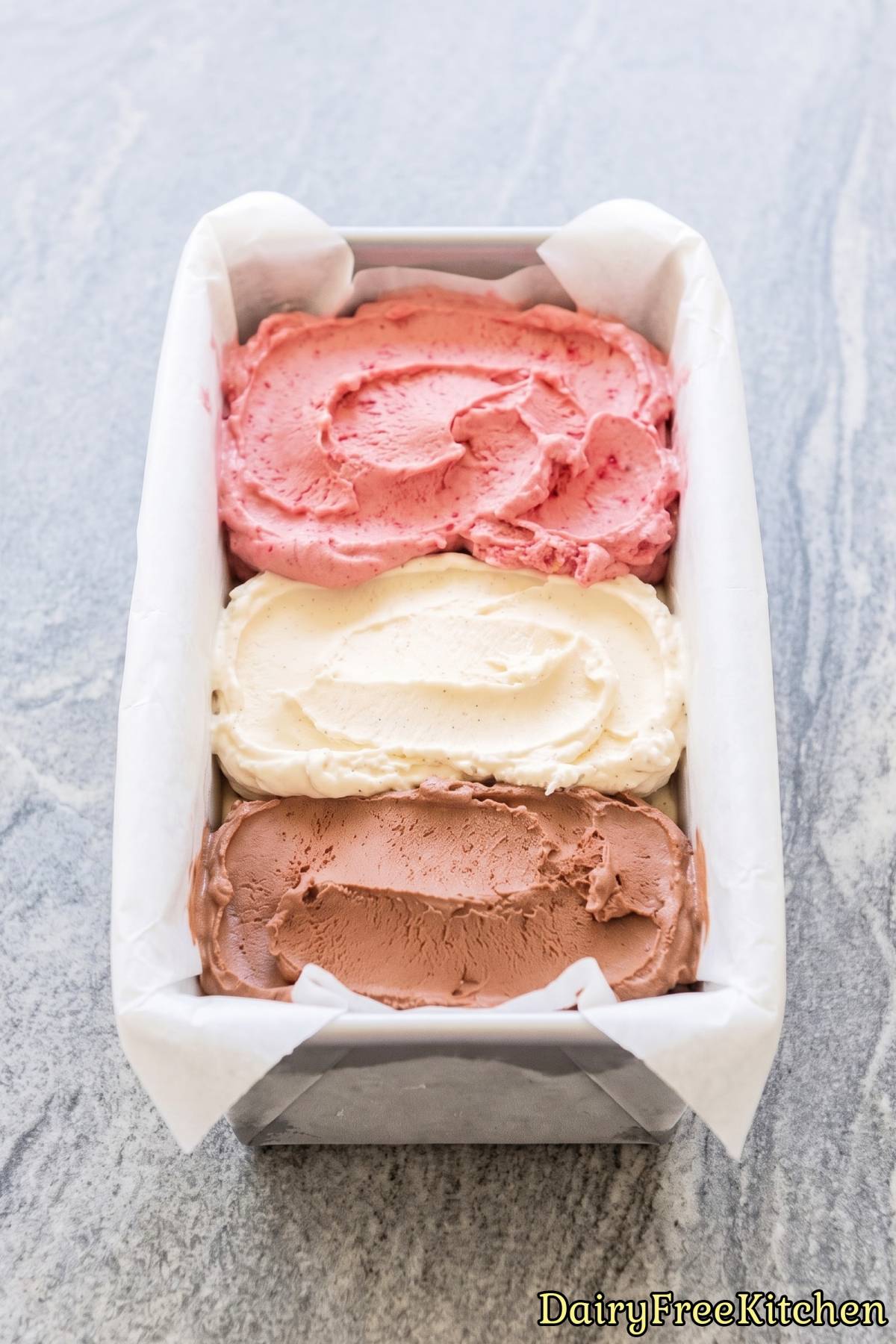 Dairy free neapolitan ice cream in a bowl