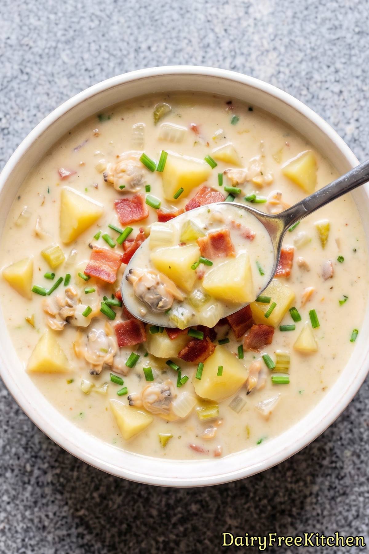 Creamy dairy free clam chowder in a bowl