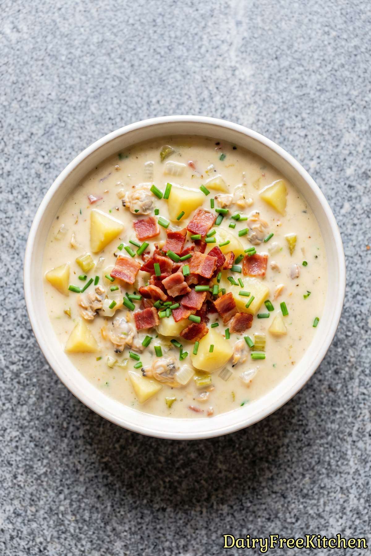 Savory bowl of dairy free clam chowder