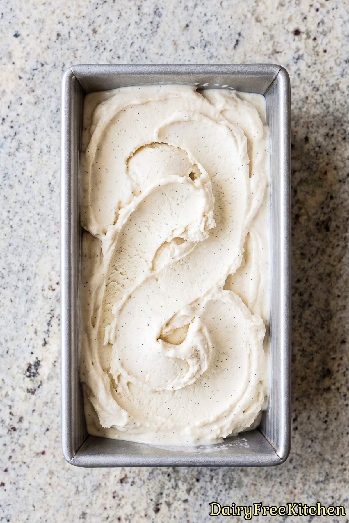 Creamy no churn dairy free vanilla ice cream.