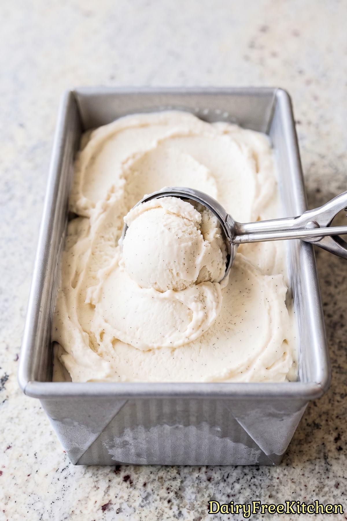 Homemade dairy free vanilla bean ice cream.