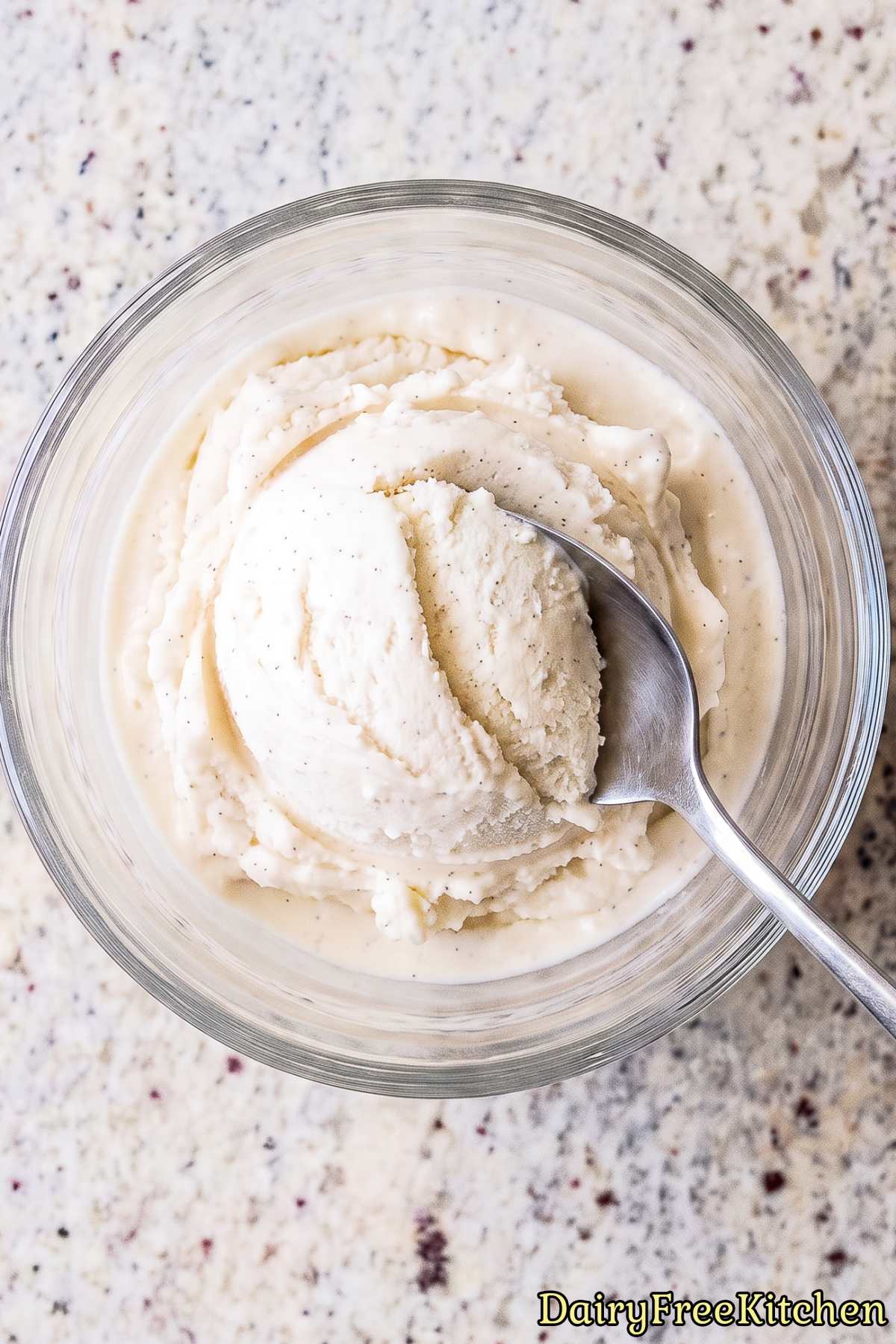 Rich and creamy dairy free vanilla bean dessert.