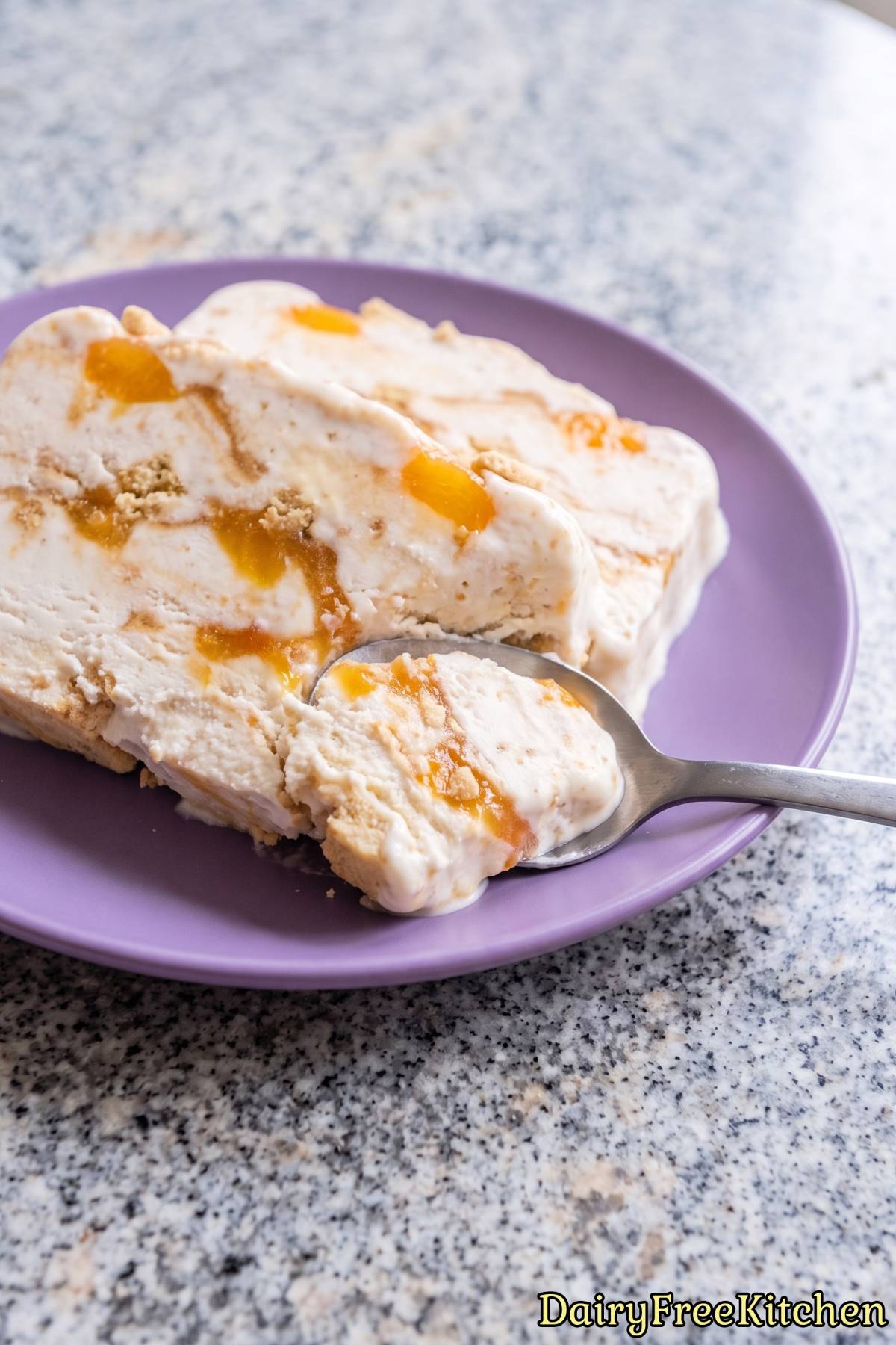 Frozen peach semifreddo slice