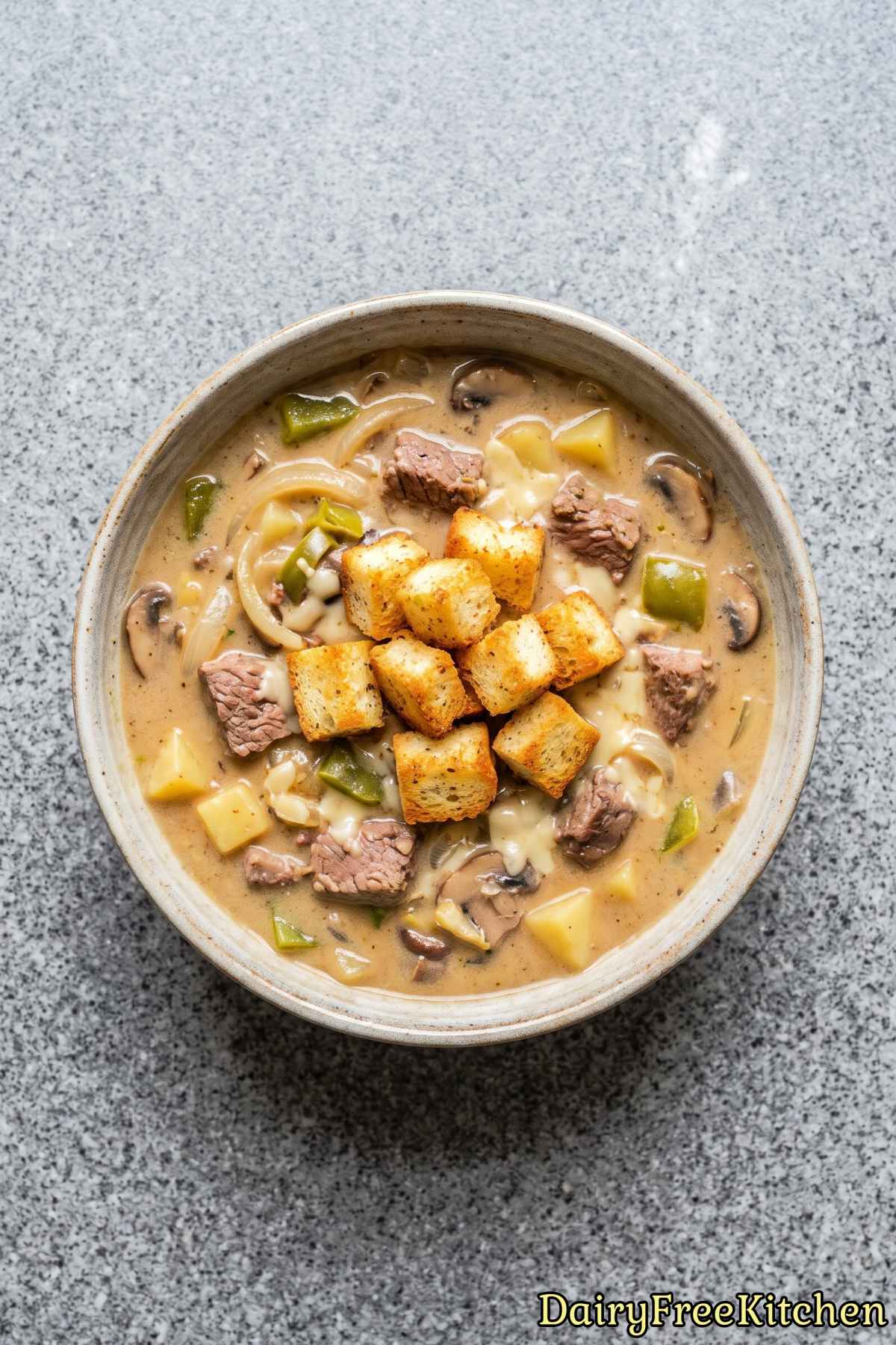 Hearty dairy free beef cheesesteak soup