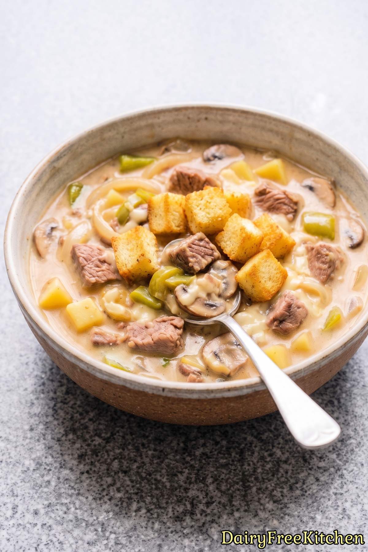 Homemade dairy free cheesesteak soup