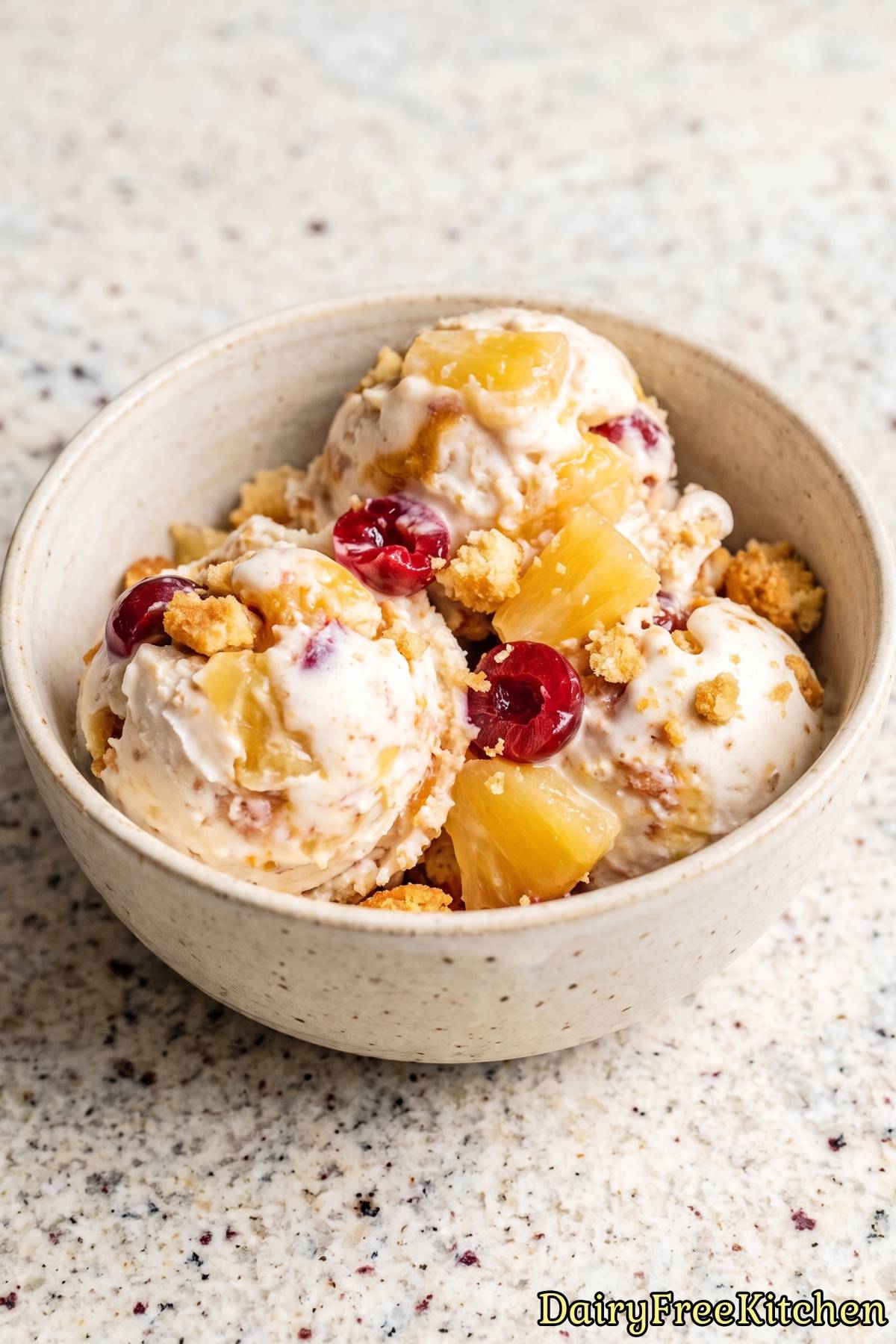 Bowl of pineapple upside down cake ice cream