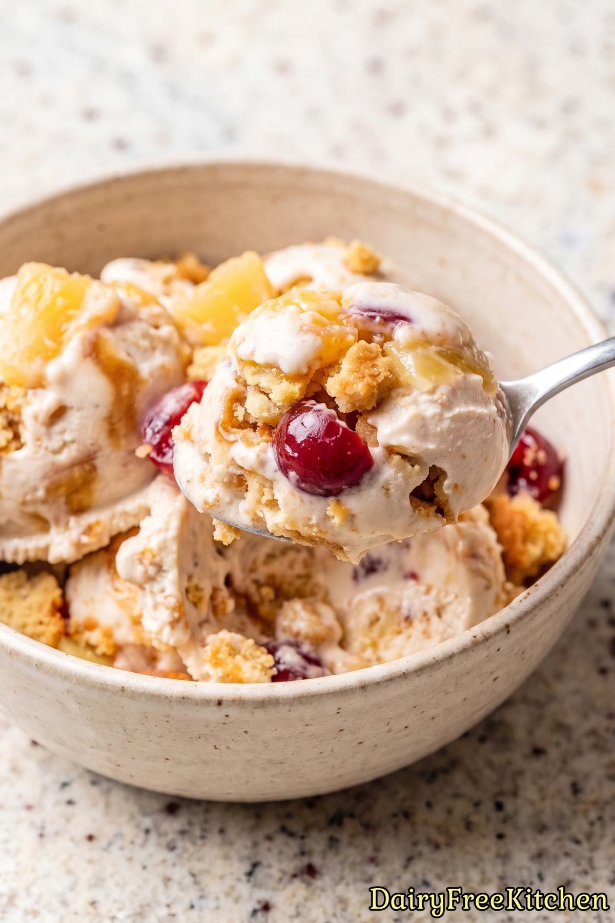Bowl of dairy free pineapple ice cream dessert