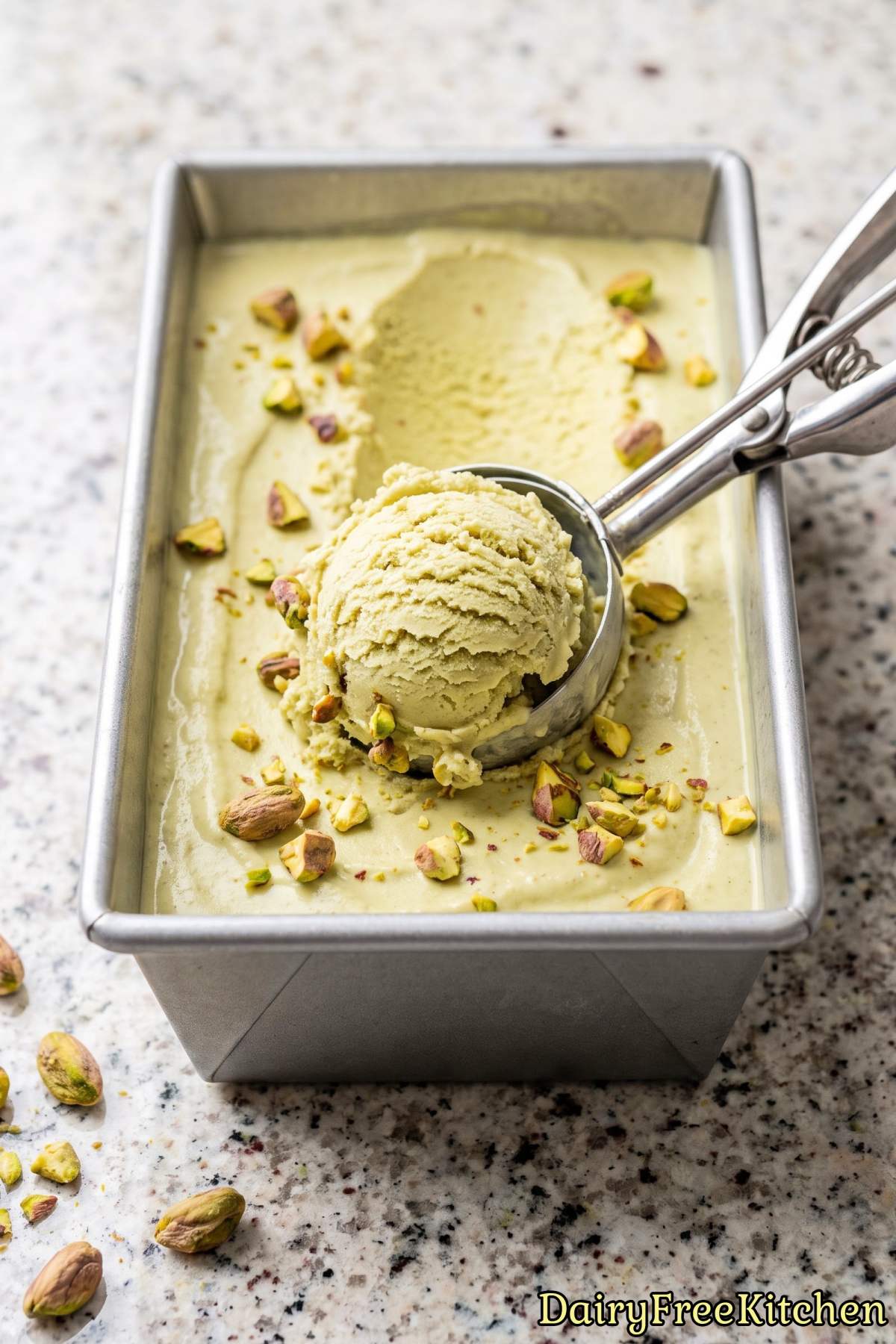 Bowl of creamy dairy free pistachio ice cream
