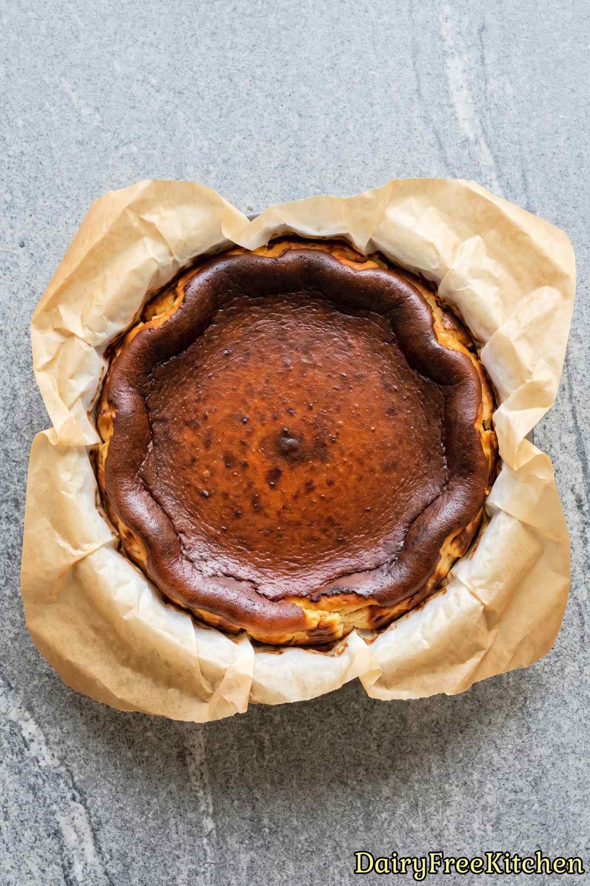 Rustic dairy free Basque protein cheesecake