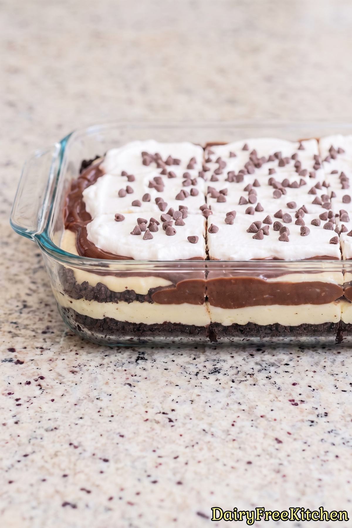 Layered chocolate protein lasagna dessert