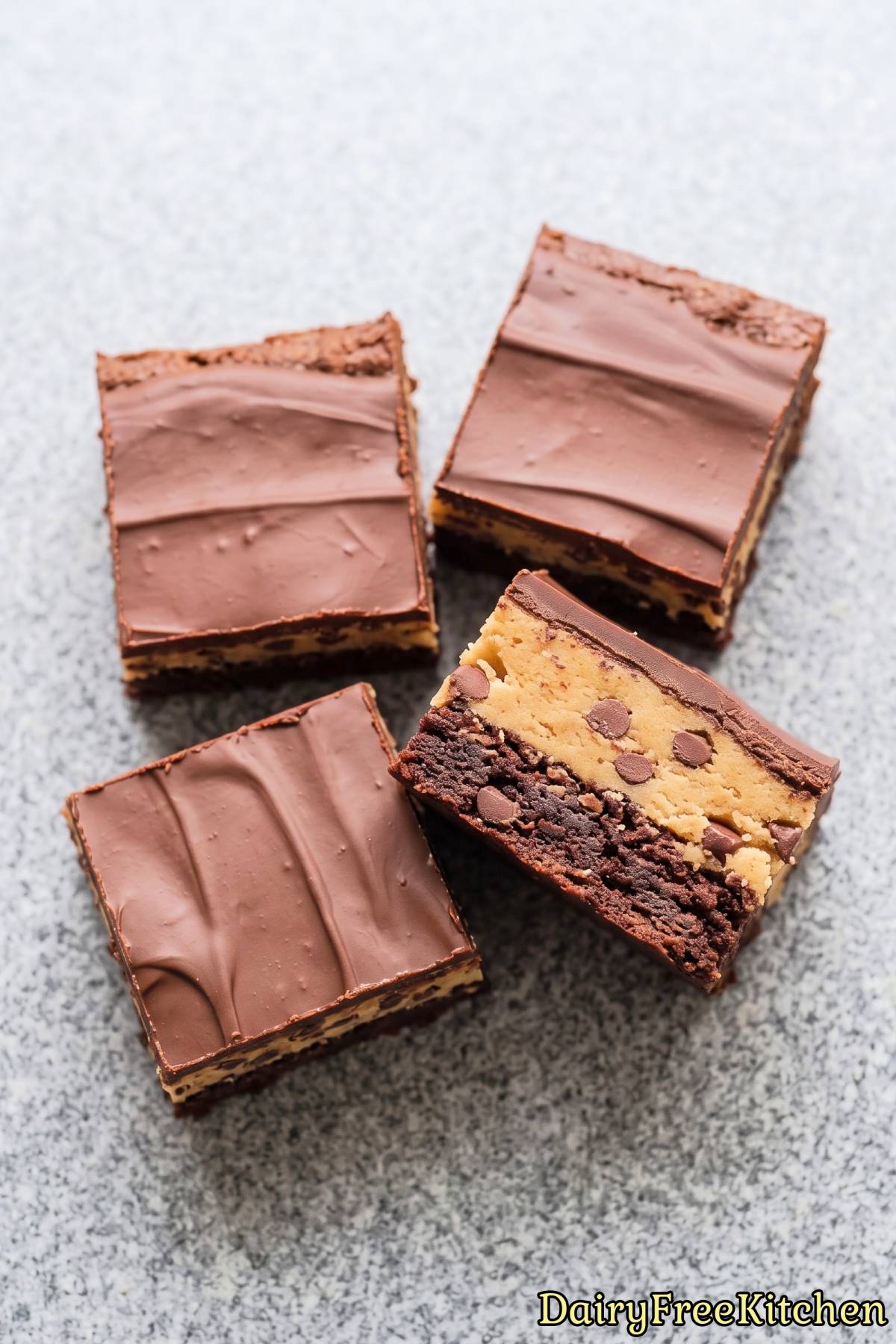 Stack of dairy free cookie dough brownies