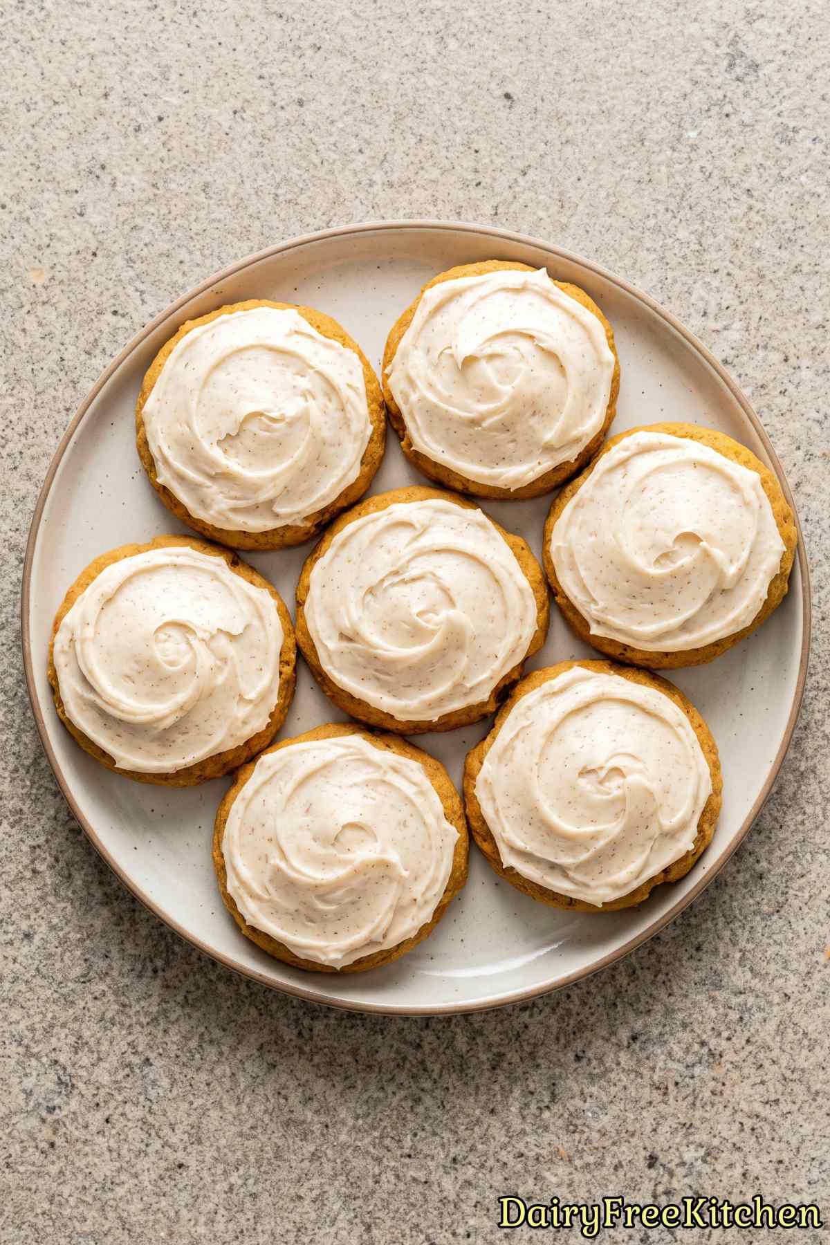 Tender dairy free pumpkin cookies with frosting