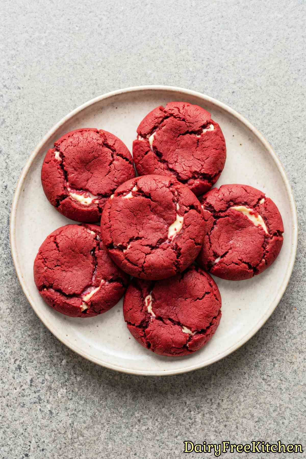Red velvet cheesecake cookies on a plate