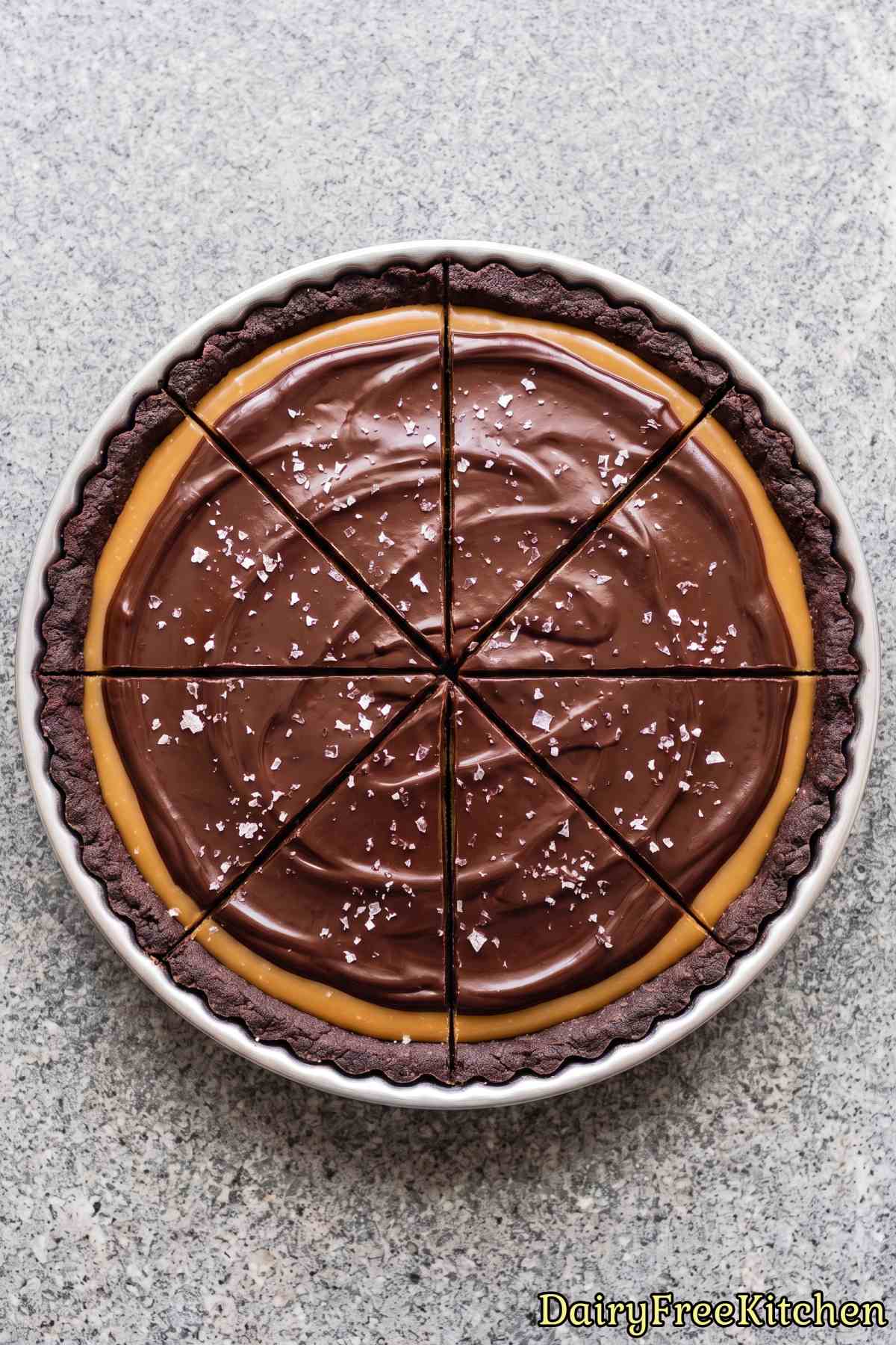 Sliced salted caramel chocolate tart
