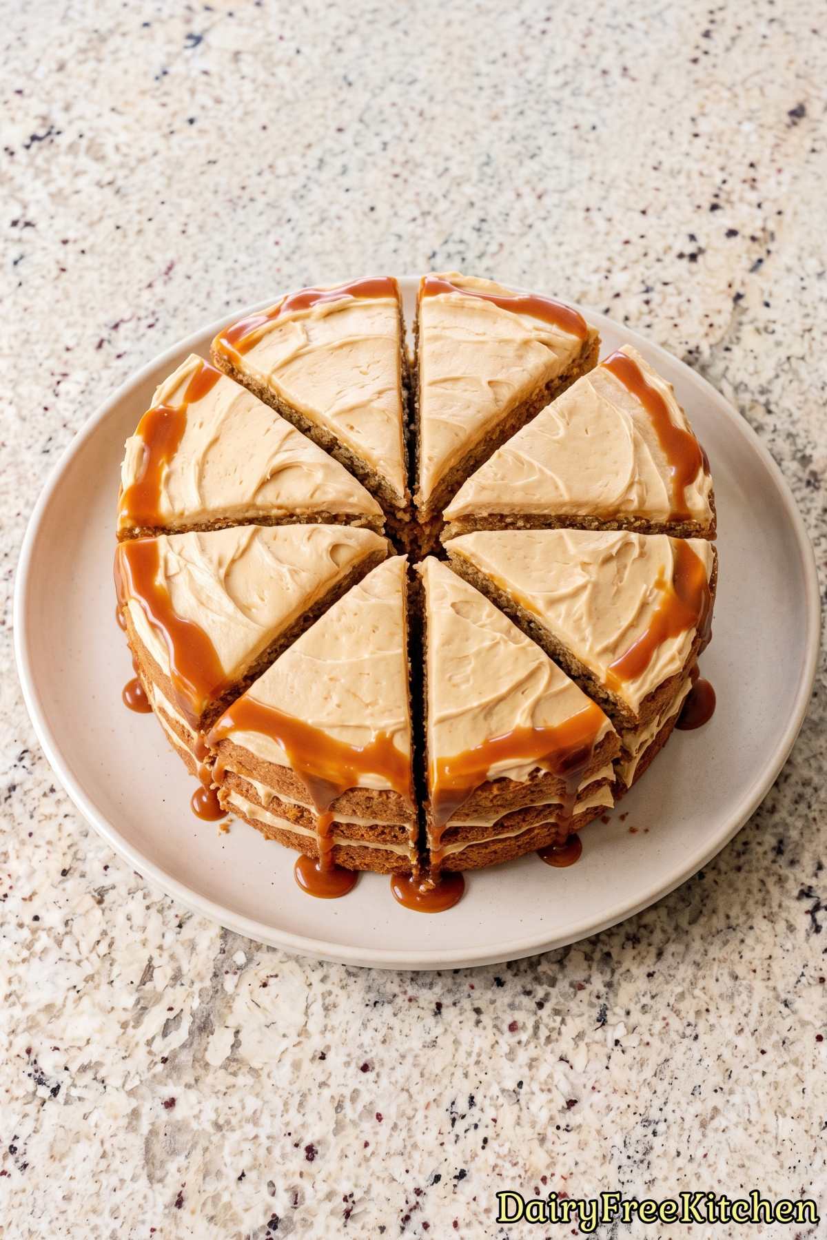 Layered dairy free cake with salted caramel.