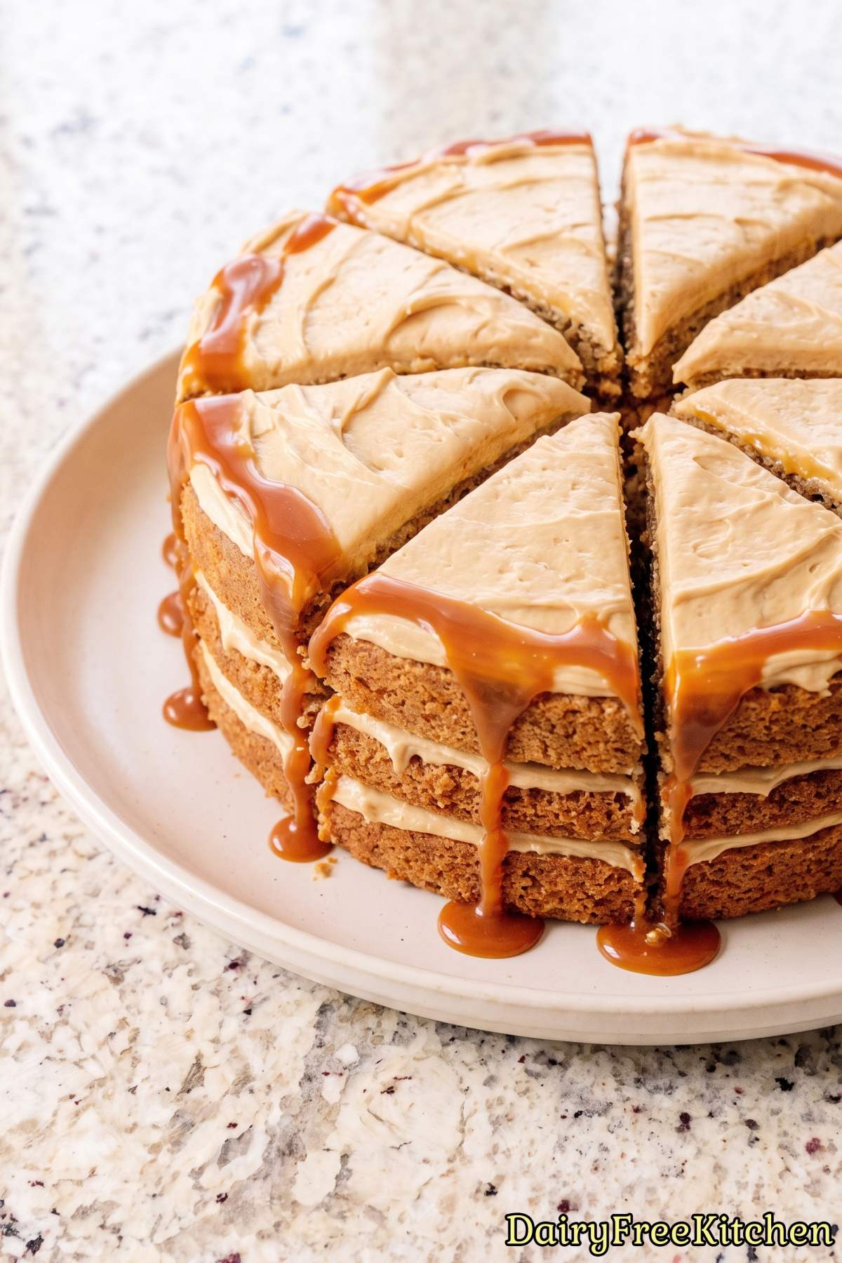 Creamy vegan salted caramel layer cake.