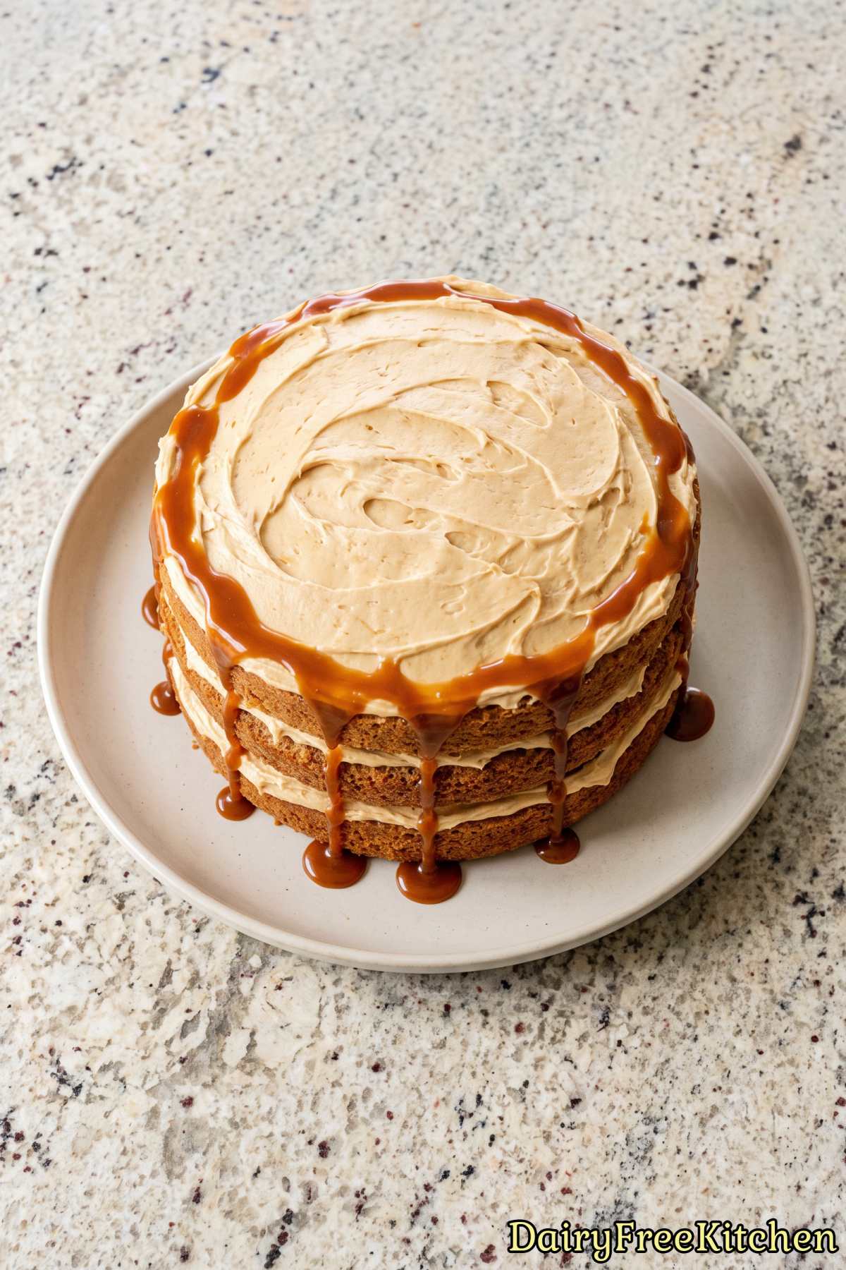Decadent dairy free caramel layer cake.