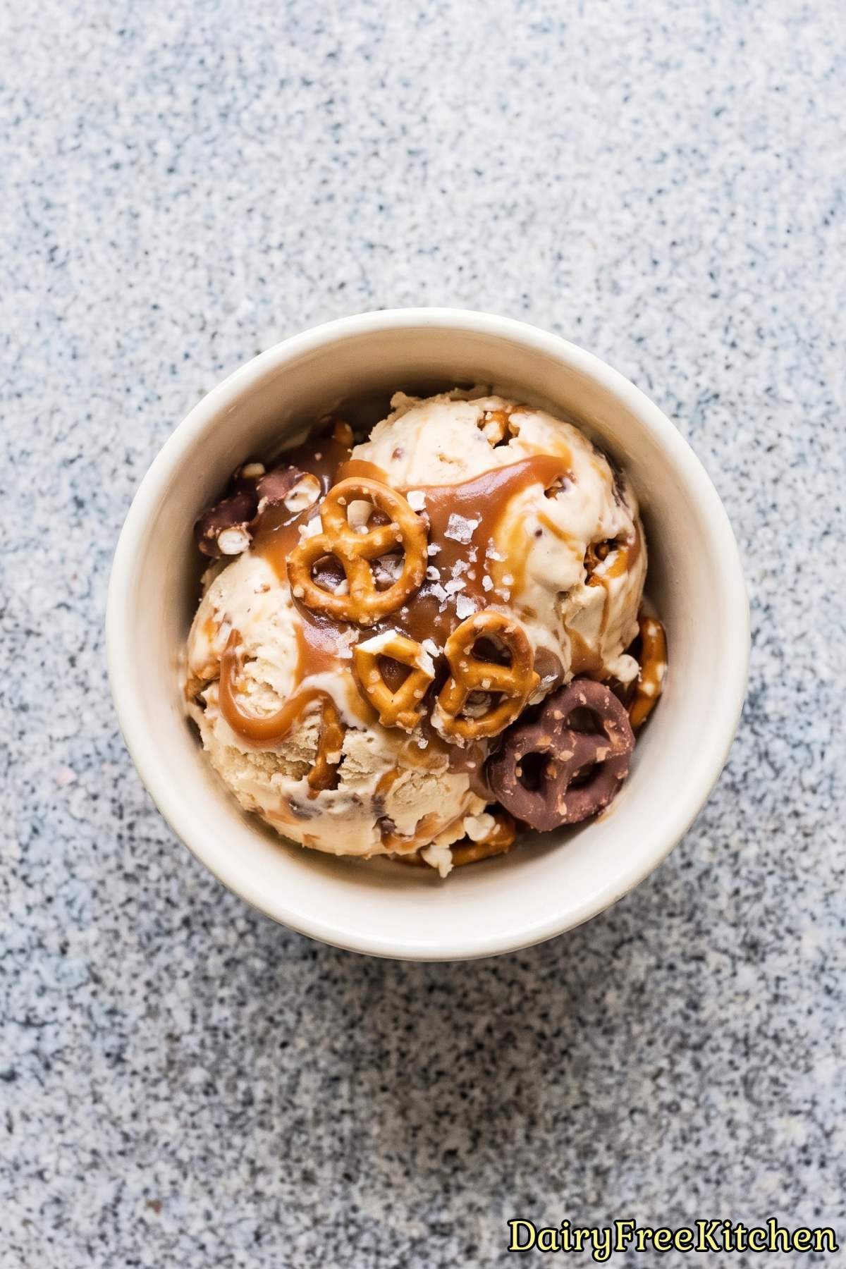 Dairy free caramel ice cream with pretzels