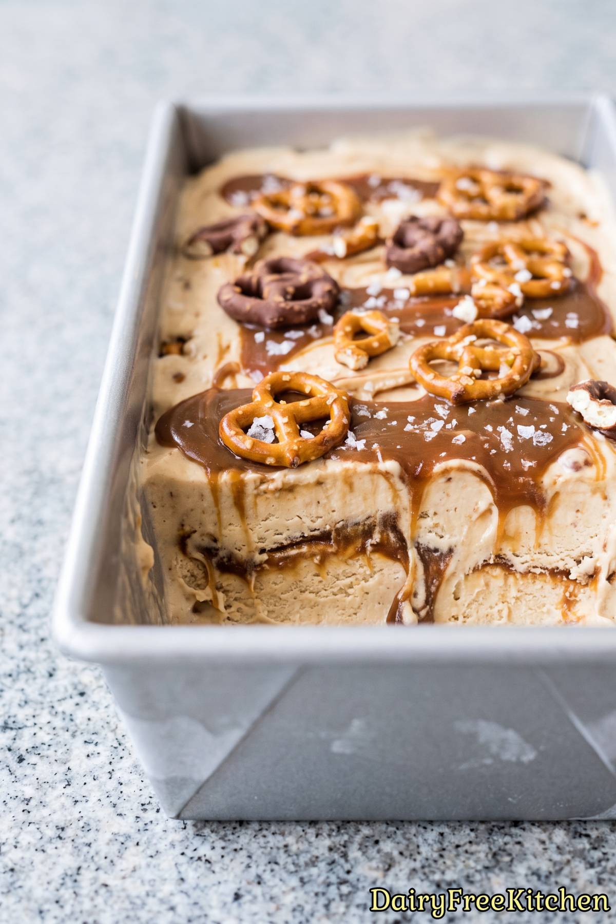 Homemade dairy free caramel pretzel ice cream