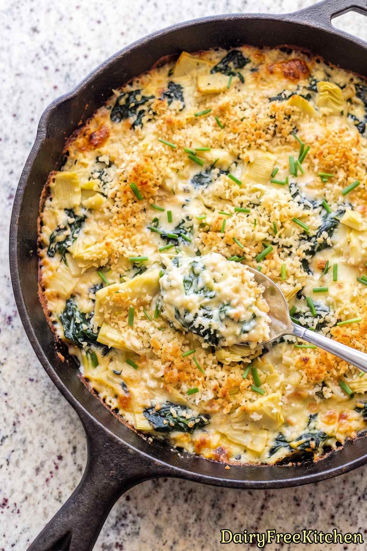 Warm homemade dairy free spinach dip