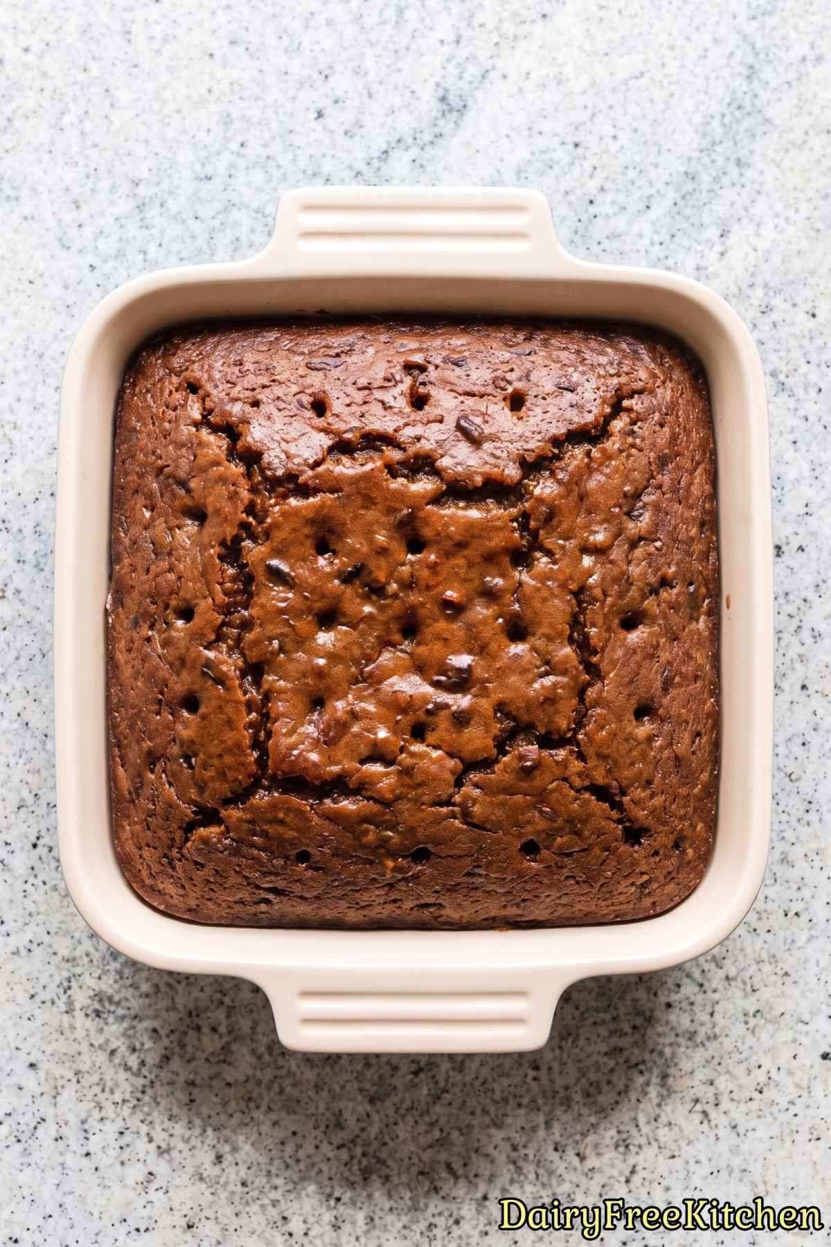 A plate of dairy free sticky toffee pudding