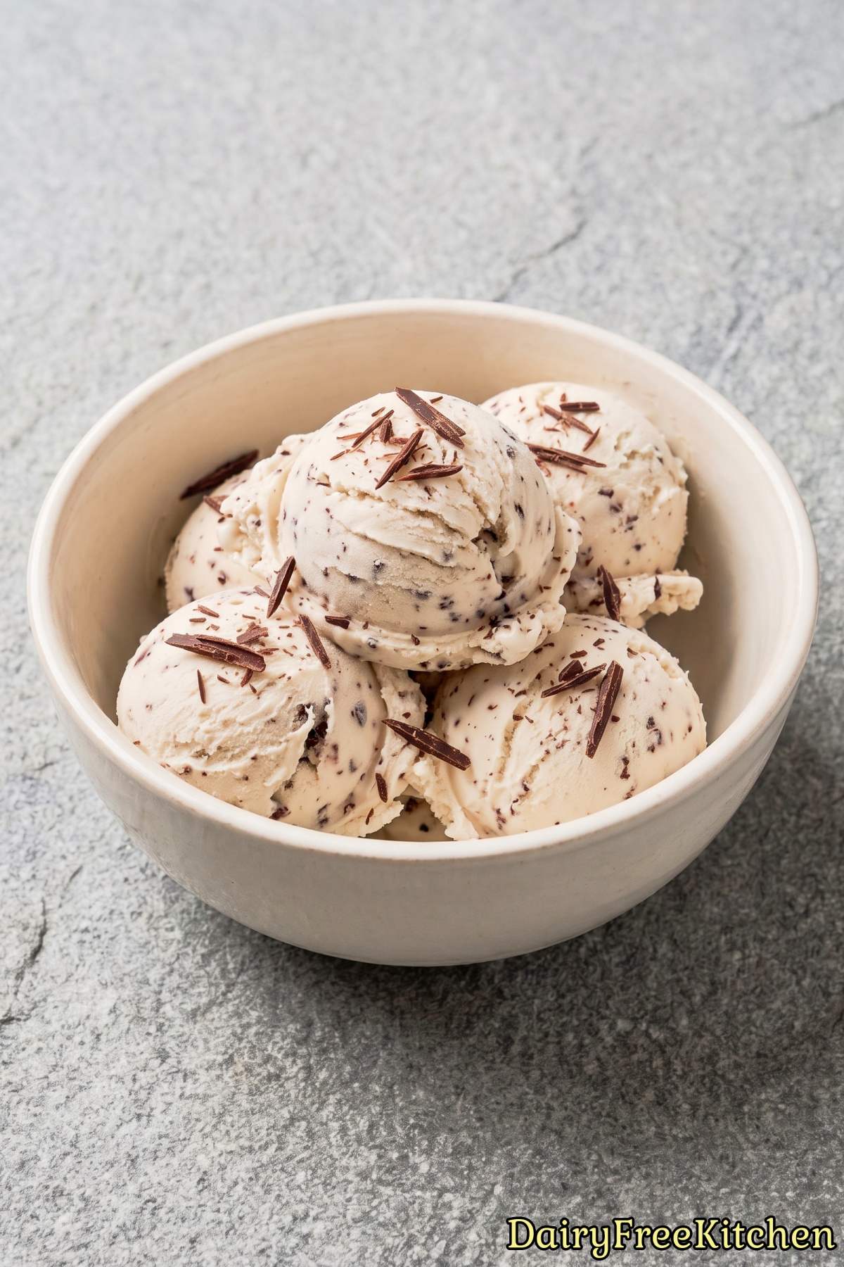 Dairy free stracciatella gelato in a bowl