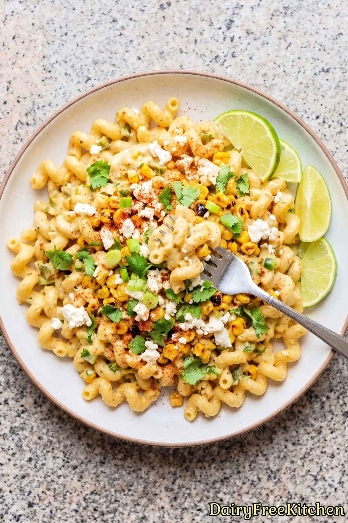 Warm dairy free elote style corn pasta