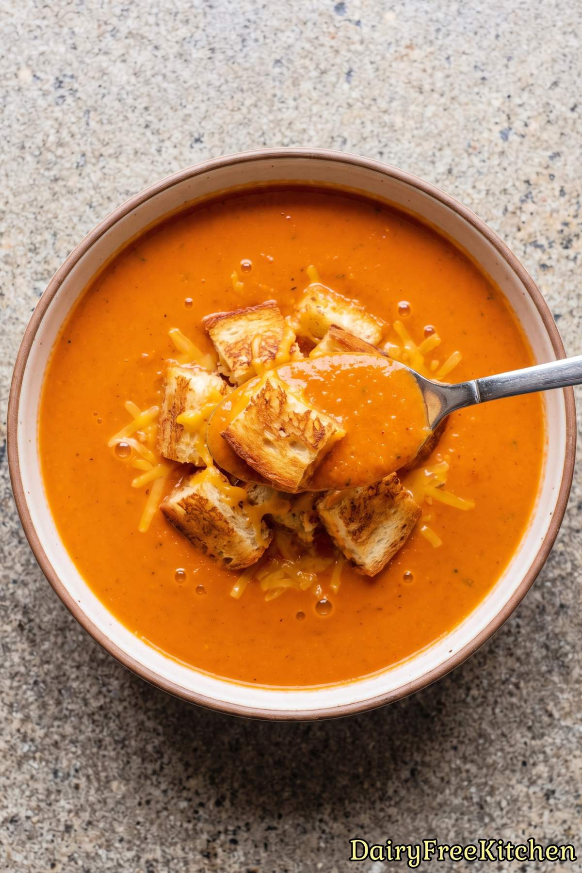 Savory tomato basil soup with crisp croutons