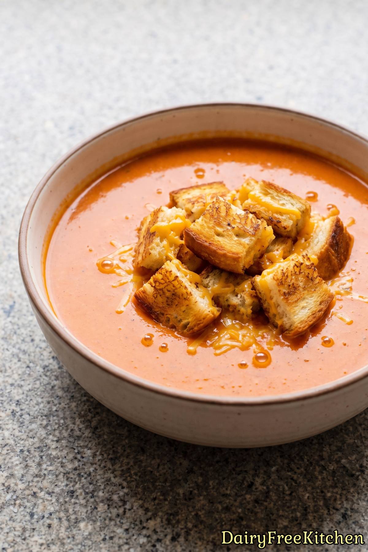 Creamy tomato soup topped with grilled cheese