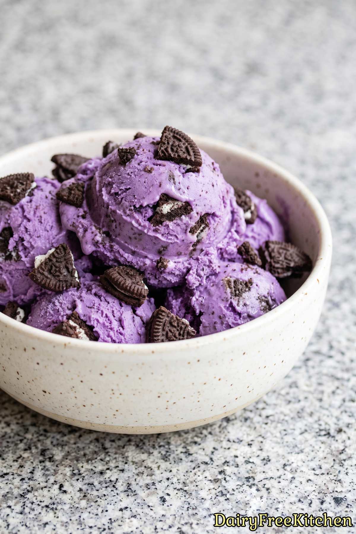 Homemade dairy free ube cookies and cream scoop