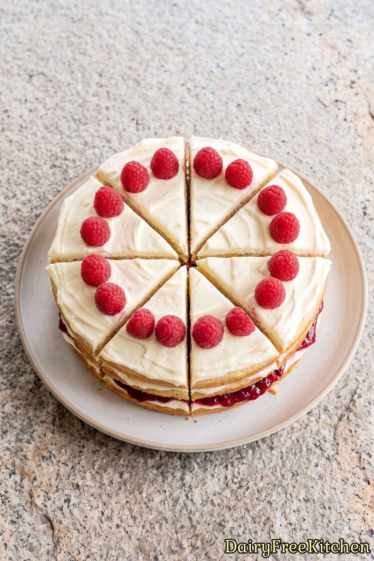 Sweet dairy free white chocolate raspberry cake