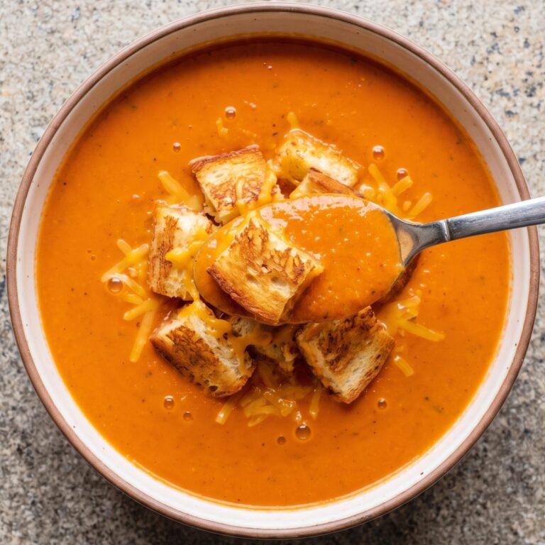 Dairy Free Tomato Basil Soup with Grilled Cheese Croutons